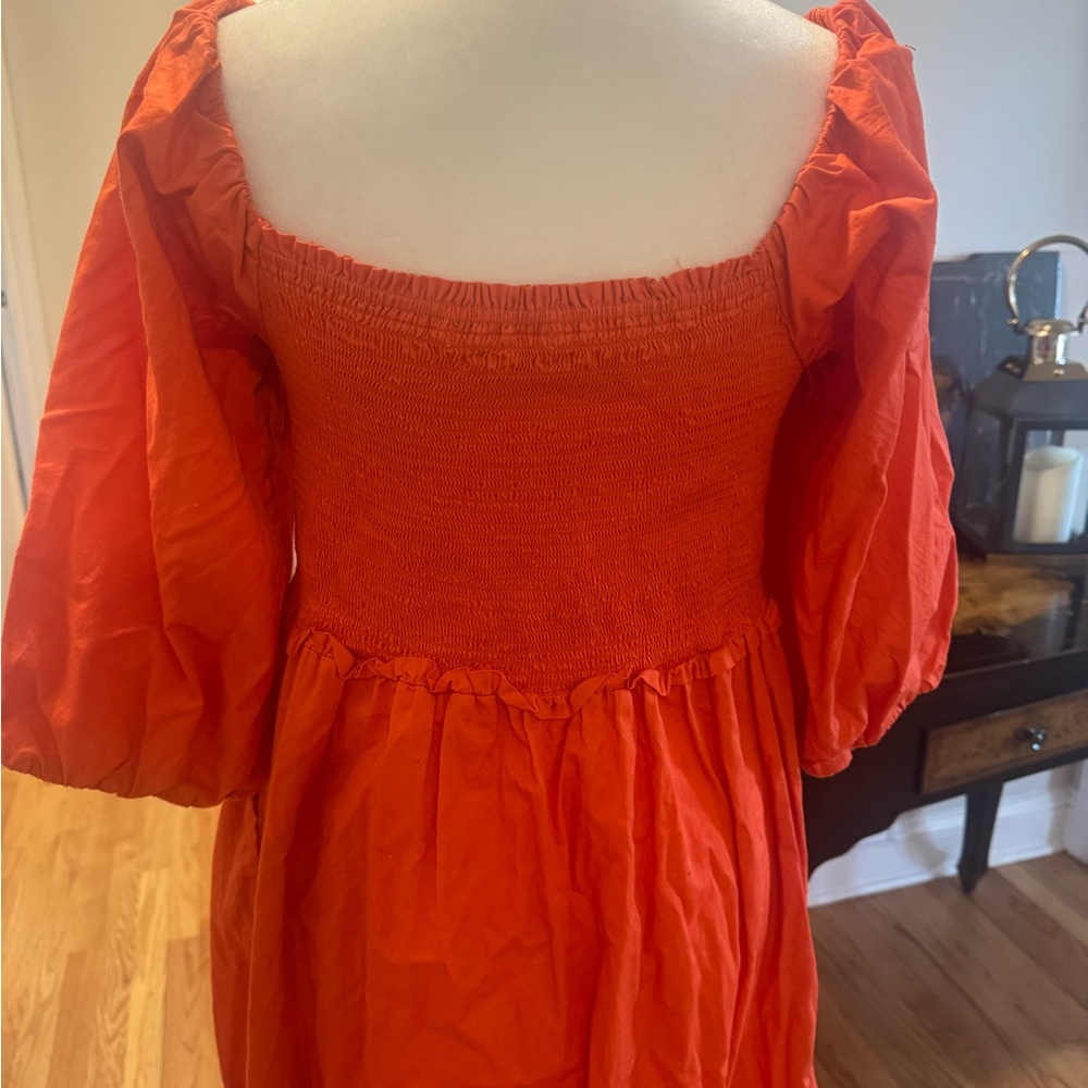 Elegant Orange smocked Midi Dress - Picture 9 of 11